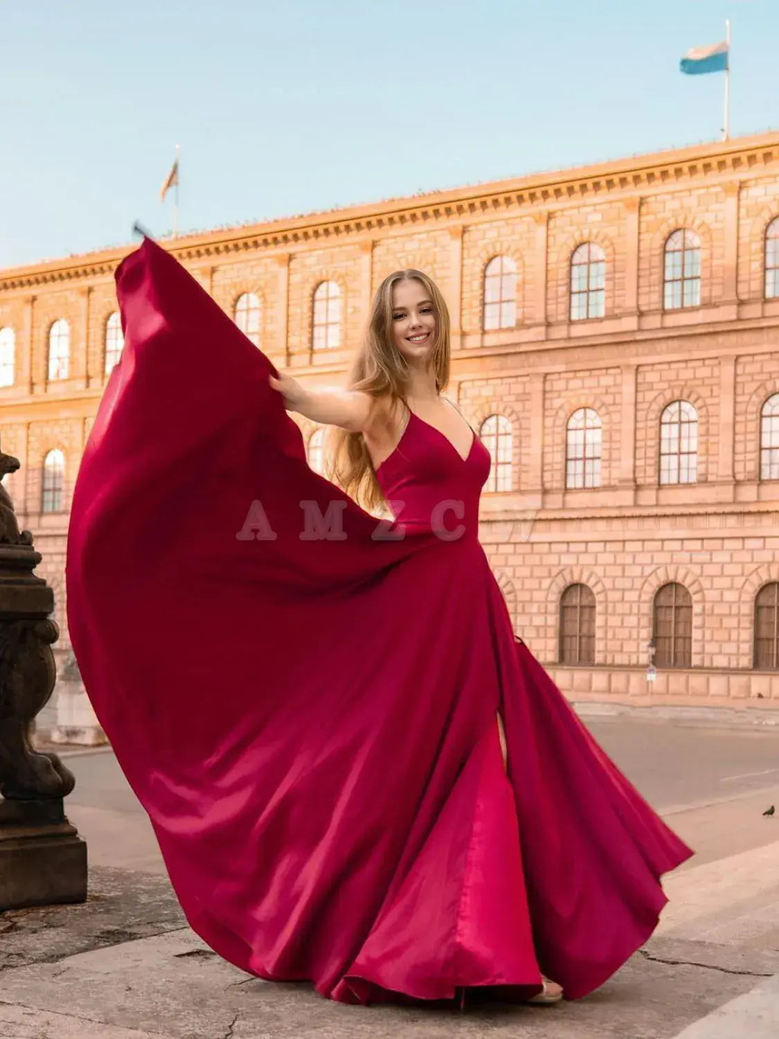Amzcw Vestido de fiesta largo de satén rojo oscuro con escote en V sencillo, vestido de dama de honor de satén rojo, tiendas de vestidos de fiesta
