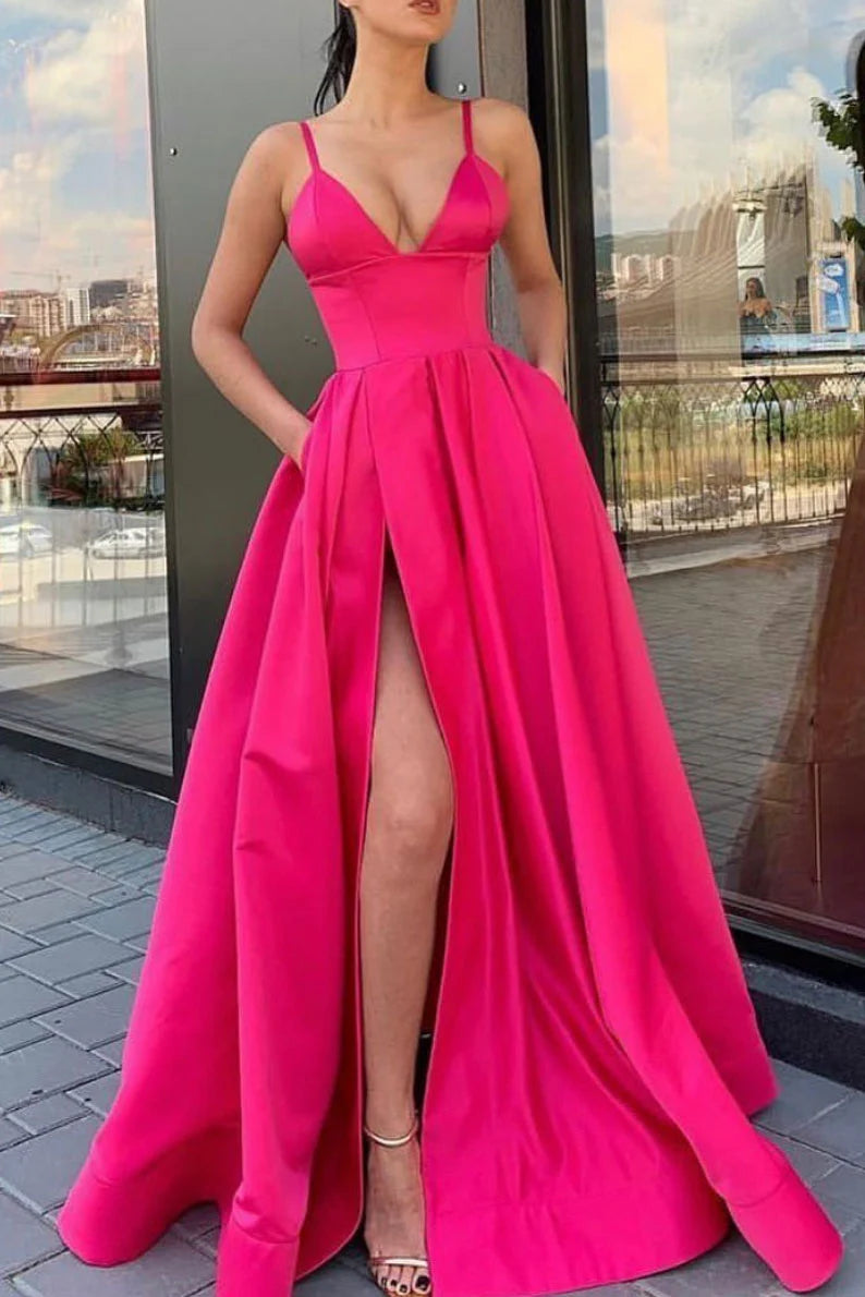 Amzcw Simple v neck satin long prom dress satin evening dress New Arrivals