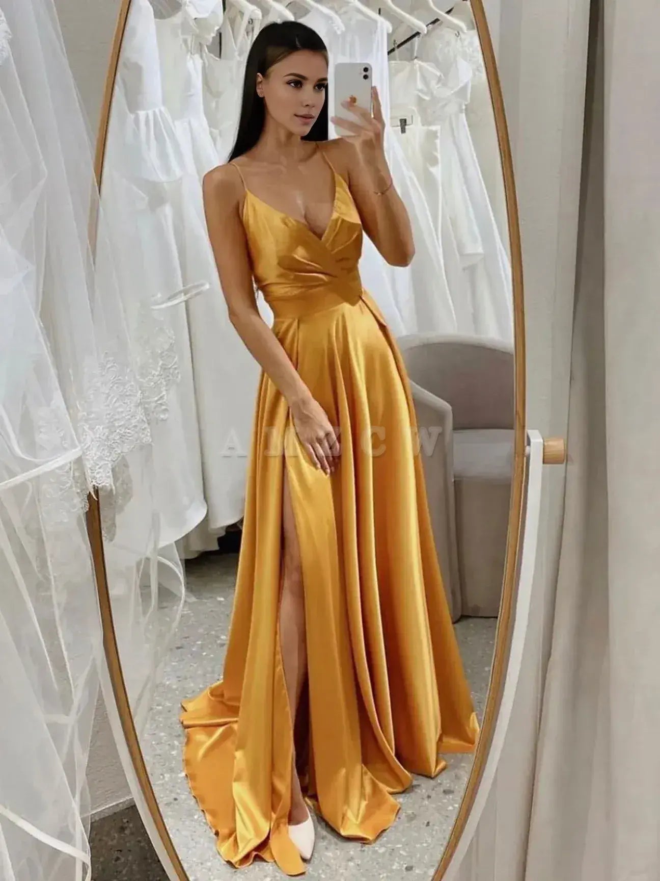 Amzcw Vestido de fiesta largo amarillo de satén con escote en V sencillo Vestido de noche amarillo Vestidos de fiesta Tiendas