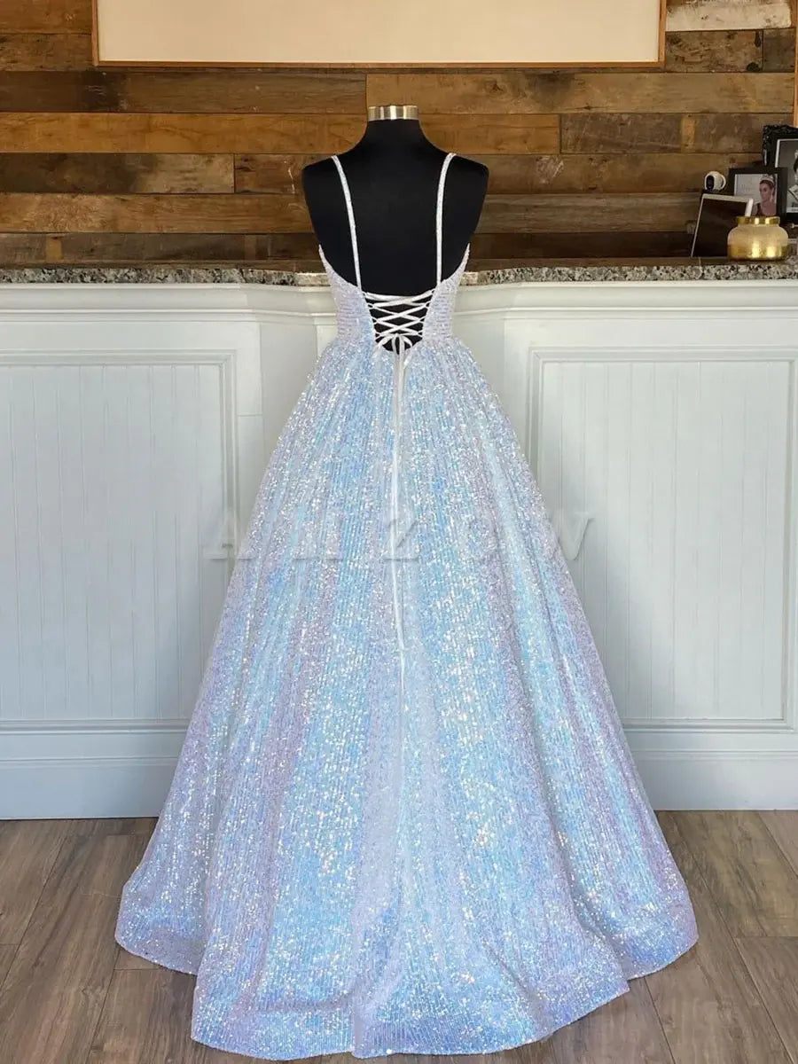 Amzcw Vestido de fiesta largo con lentejuelas y escote en V sencillo, vestido de noche con lentejuelas, vestidos formales