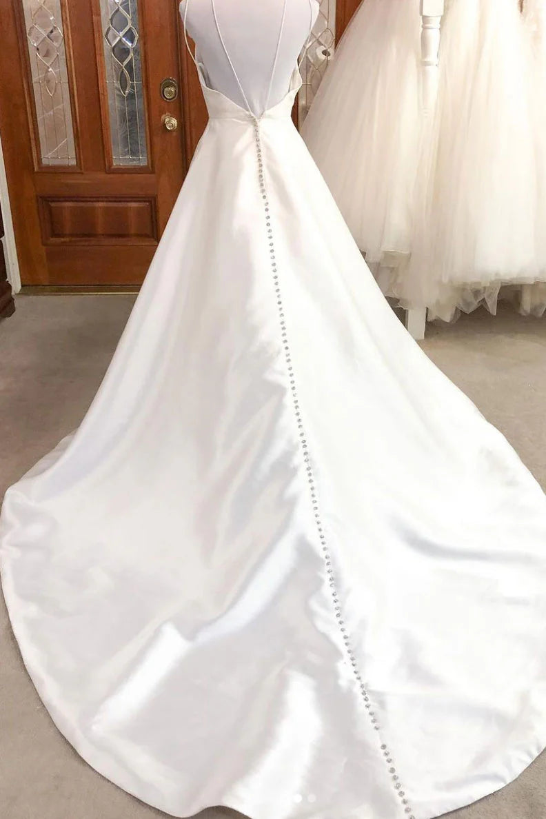 Amzcw Simple white satin long prom dress white evening dress formal wear dresses