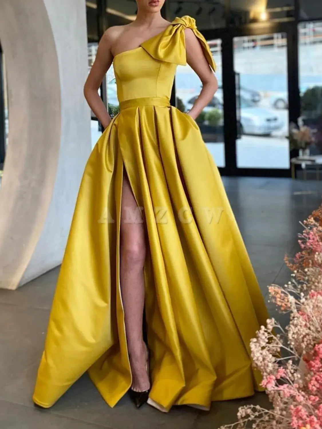 Amzcw Simple yellow satin ball dress yellow evening dress formal wear dresses
