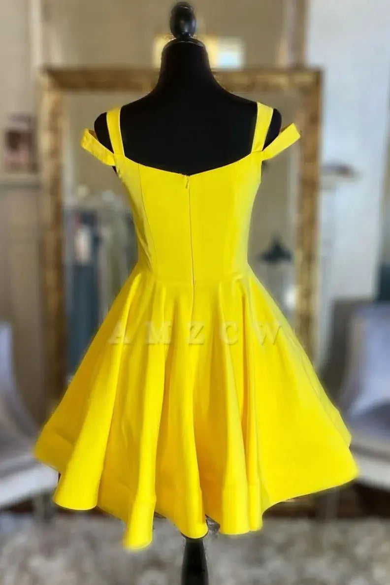 Amzcw Simple yellow satin short prom dress yellow cocktail dress New Arrivals