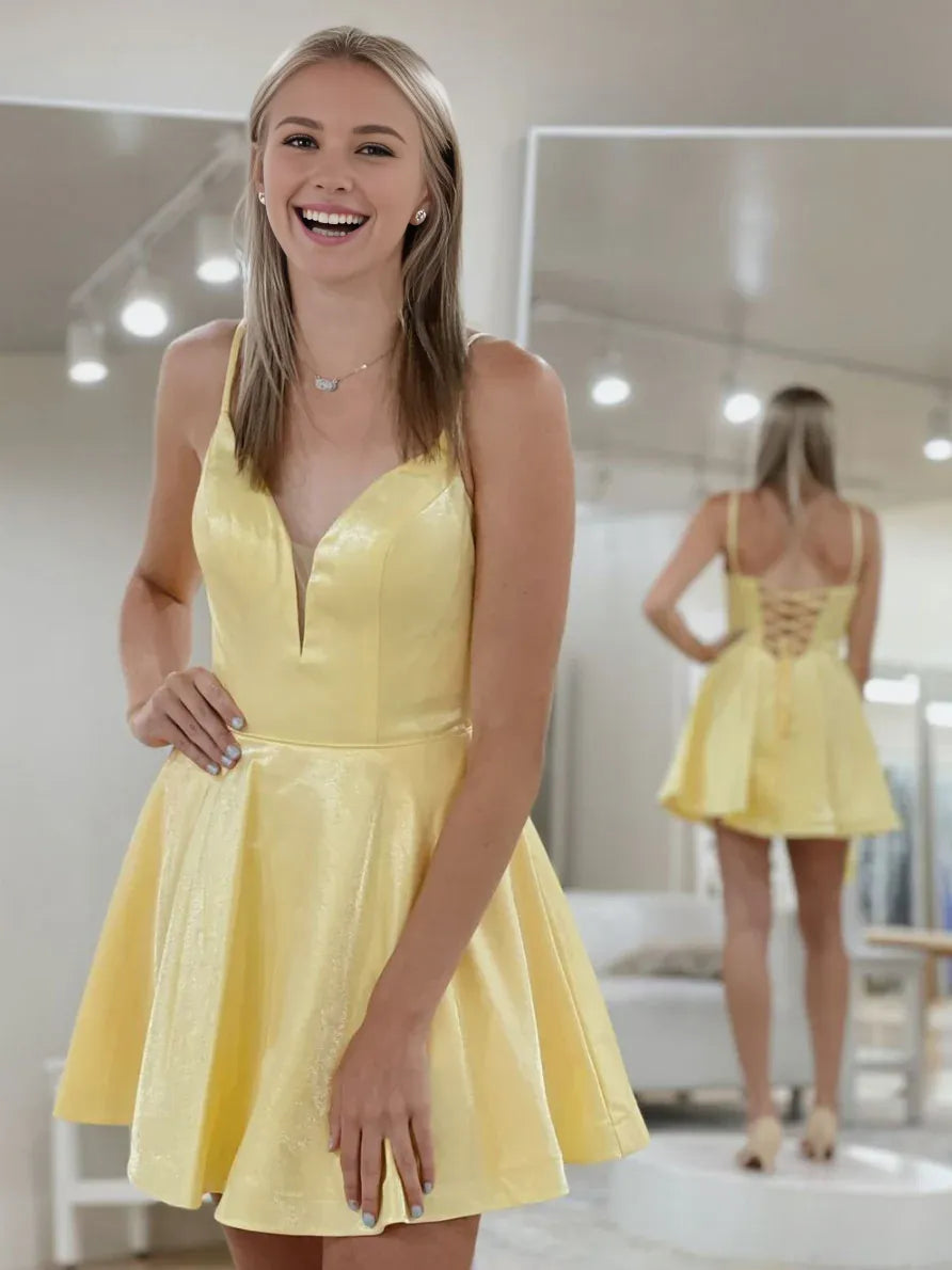 Amzcw Simple yellow v neck short prom dress yellow cocktail dress formal wear dresses