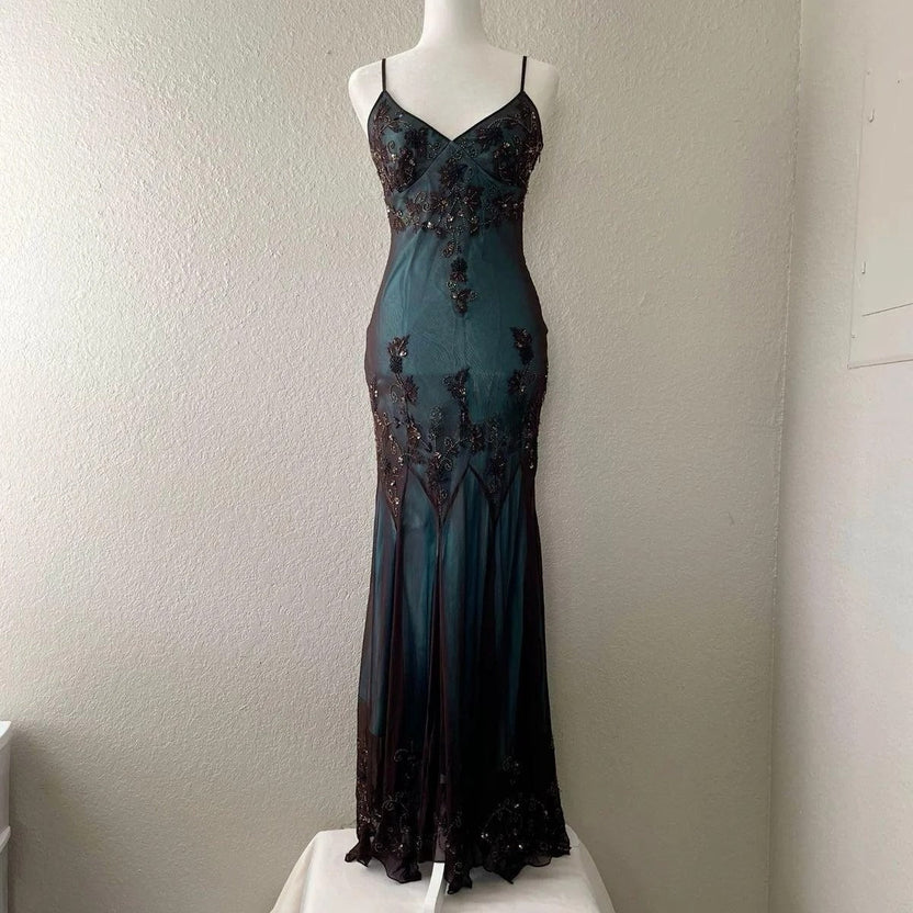 Smoky Blue Ombre Sequin Floral Mermaid Maxi Evening Dress