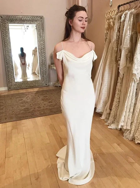 Spaghetti Straps Long Sheath Satin Wedding Dresses Bride Dresses