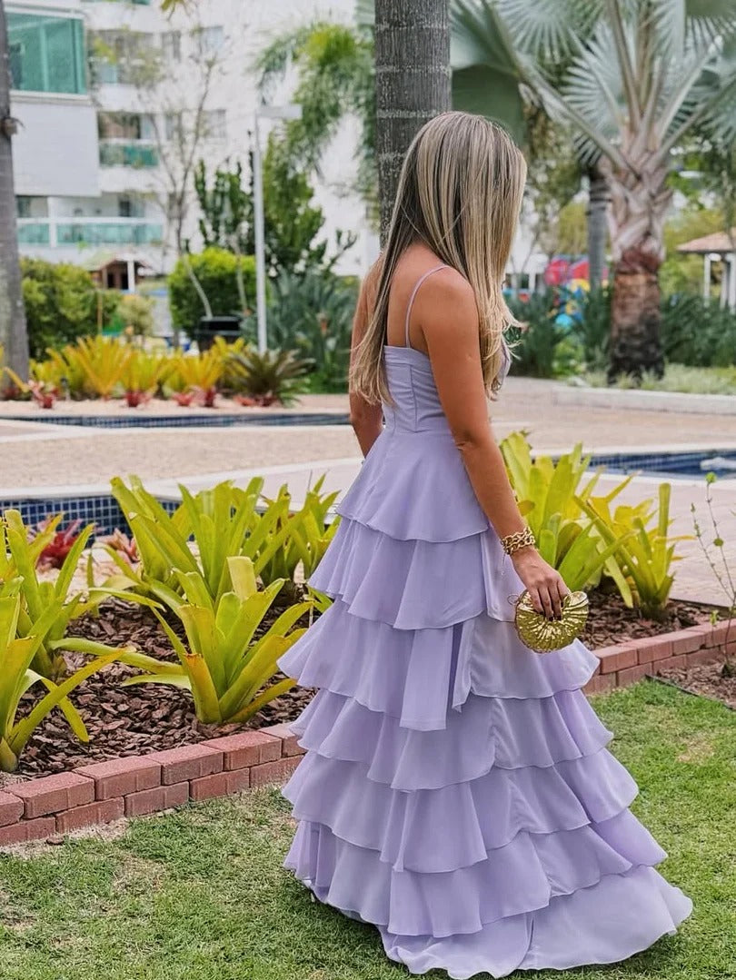 Spaghetti Strap Tiered Ruffle Chiffon Maxi Dress with Sweetheart Neckline