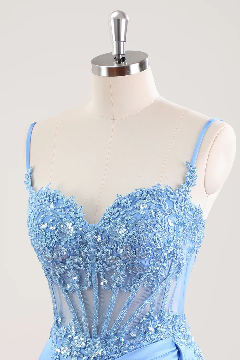 Spaghetti Straps Light Blue Bodycon Homecoming Dress with Sequin Lace Appliqué, Sheer Corset Bodice and Draped Satin Skirt