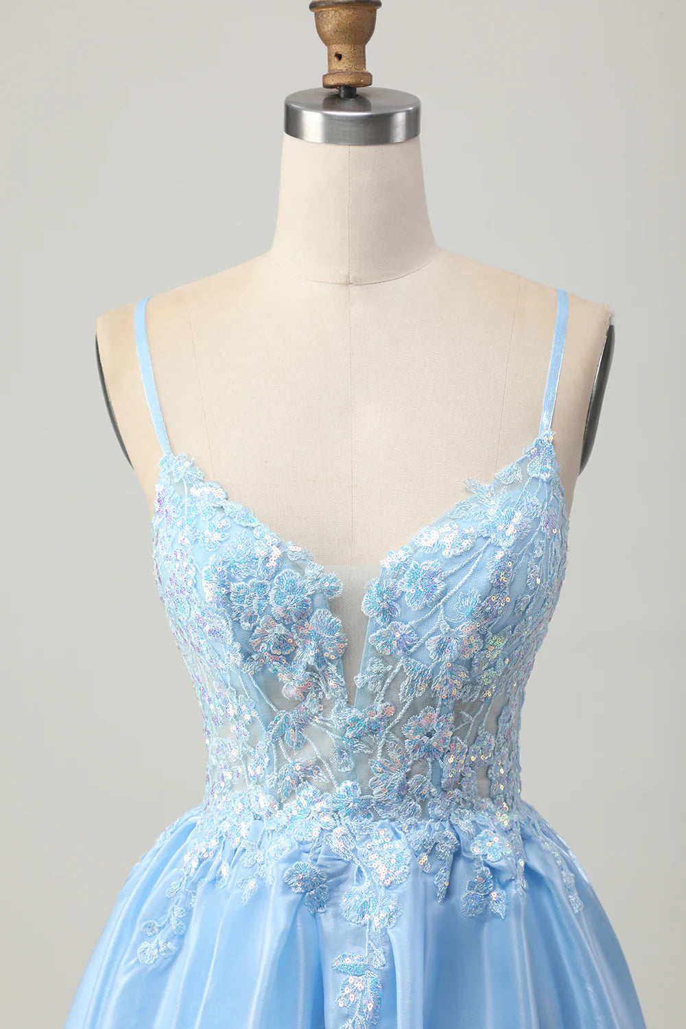 Spaghetti Straps Light Blue Homecoming Dress with Sequin Floral Lace Appliqué, Sheer Corset Bodice and Lace-Up Back