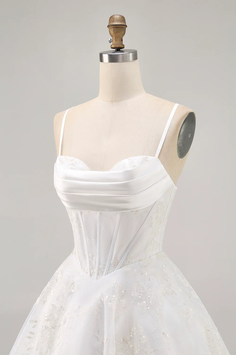 Spaghetti Straps White Corset Homecoming Dress with Cowl Neck, Glitter Tulle Skirt and Lace-Up Back