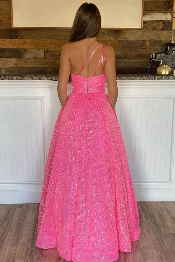 Sparkly A Line One Shoulder Sequin Long Prom Dresses with Pockets