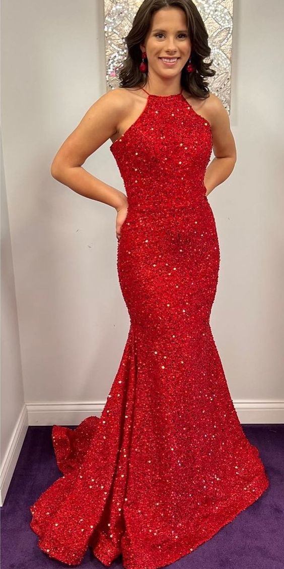 Vestidos de fiesta largos rojos con lentejuelas y cuello halter, espalda abierta y sirena brillante