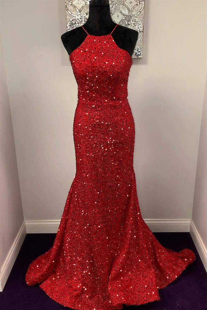 Vestidos de fiesta largos rojos con lentejuelas y cuello halter, espalda abierta y sirena brillante
