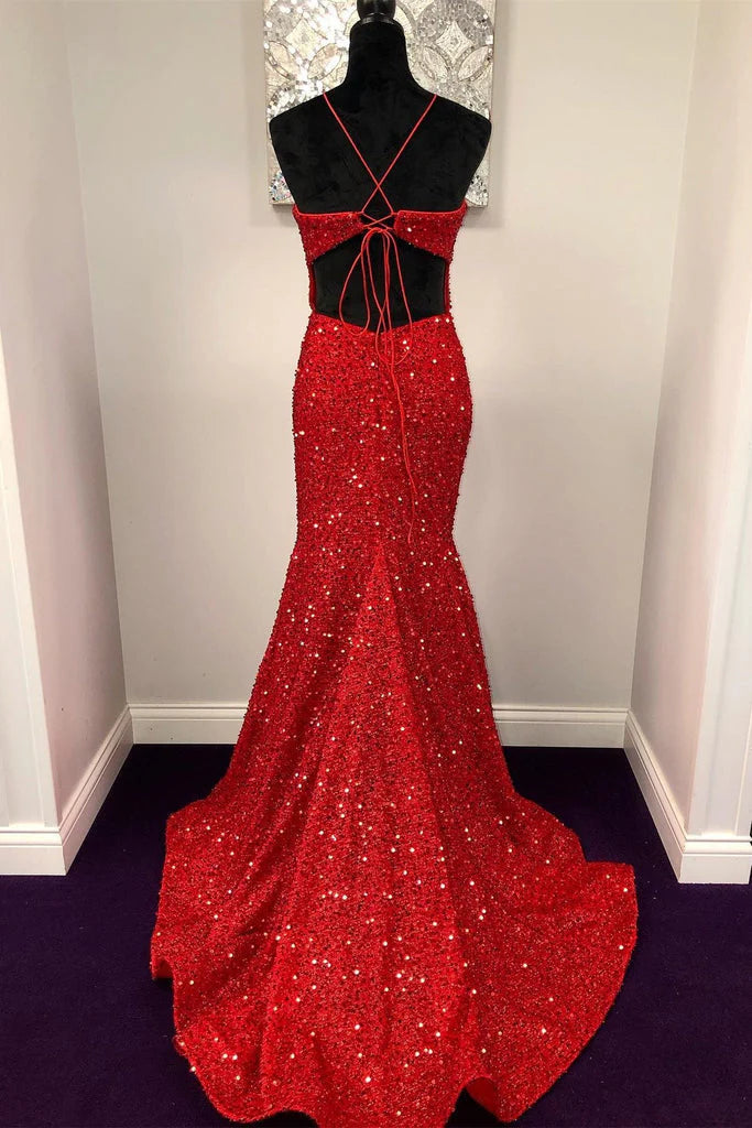 Vestidos de fiesta largos rojos con lentejuelas y cuello halter, espalda abierta y sirena brillante