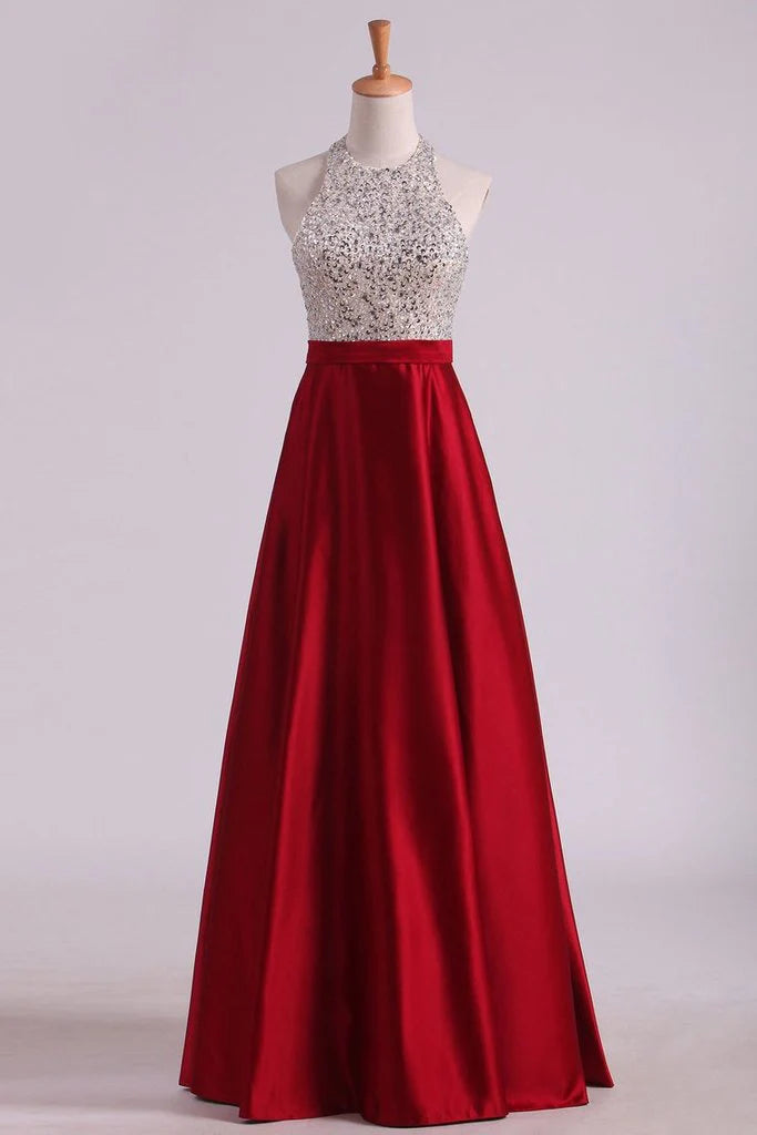 Vestidos de fiesta largos rojos con cuello halter, espalda abierta y brillantes, con cuentas y bolsillos
