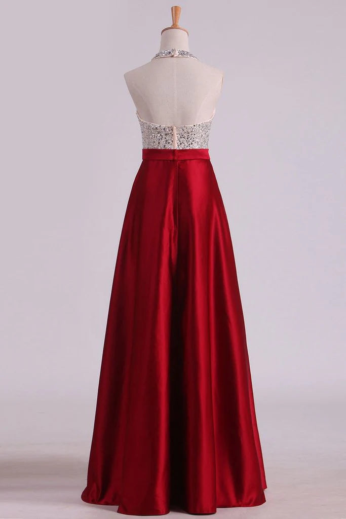 Vestidos de fiesta largos rojos con cuello halter, espalda abierta y brillantes, con cuentas y bolsillos