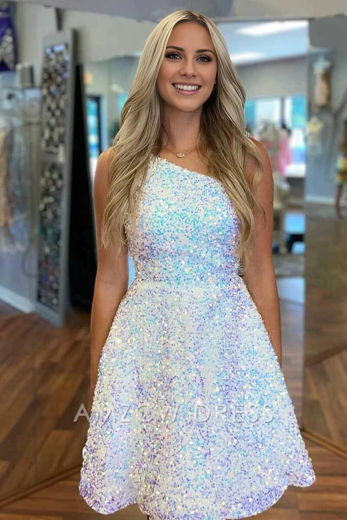 Amzcw Sparkly Cute A Line One Shoulder White Sequins Short Homecoming Dresses formal wear dresses