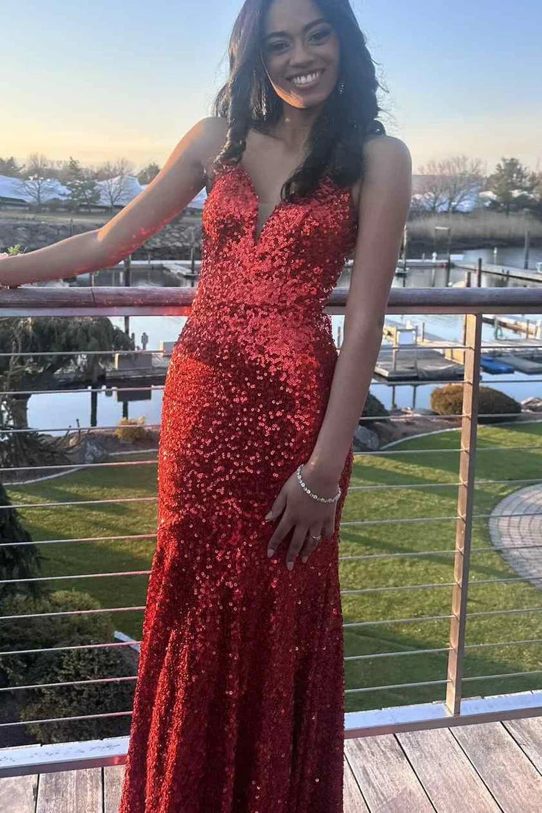 Amzcw Sparkly Sequined Spaghetti Straps V-Neck Mermaid Long Prom Dress formal wear dresses