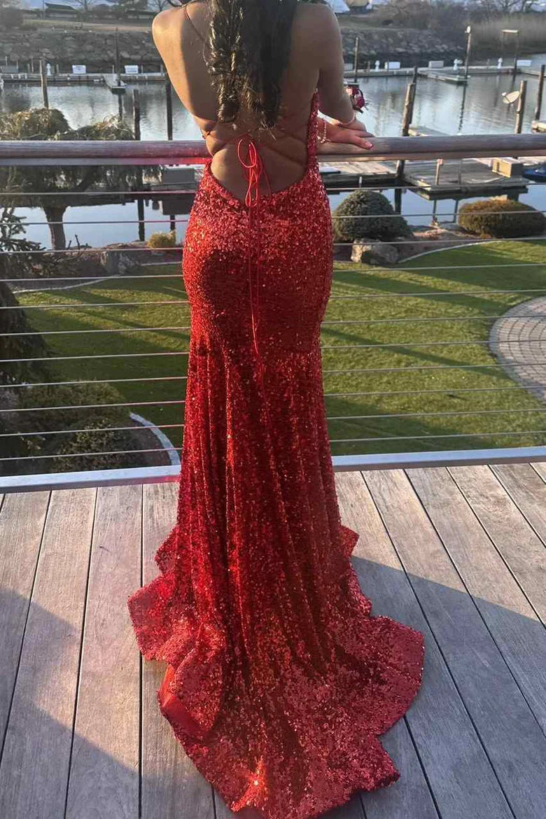 Amzcw Sparkly Sequined Spaghetti Straps V-Neck Mermaid Long Prom Dress formal wear dresses
