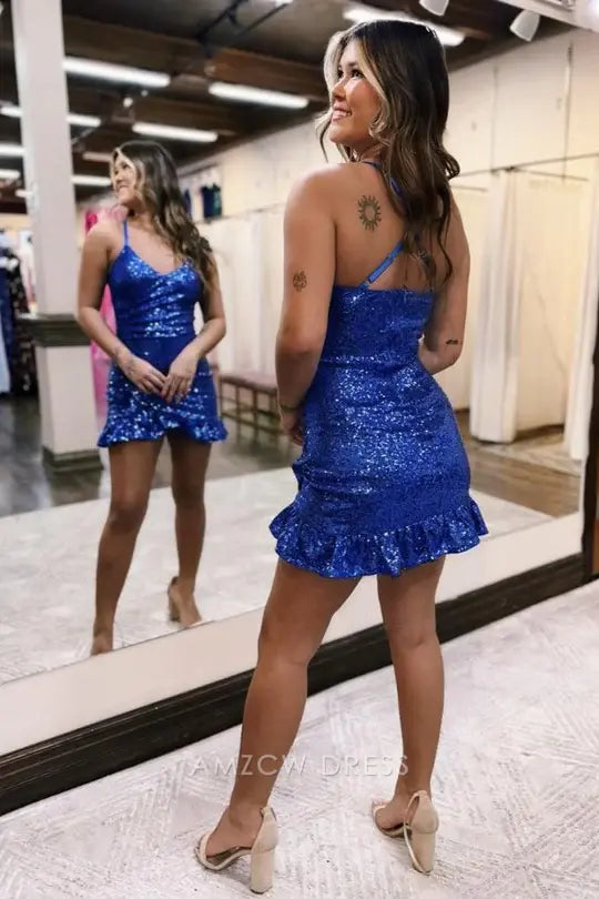 Amzcw Elegant Sparkly V-Neck Spaghetti Straps Empire Homecoming Dress formal wear dresses