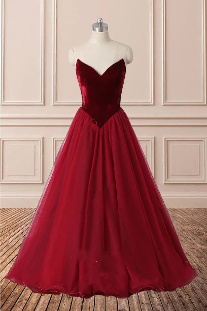 Vestidos de fiesta largos de tul burdeos, sin mangas, con escote en V y corte A hasta el suelo