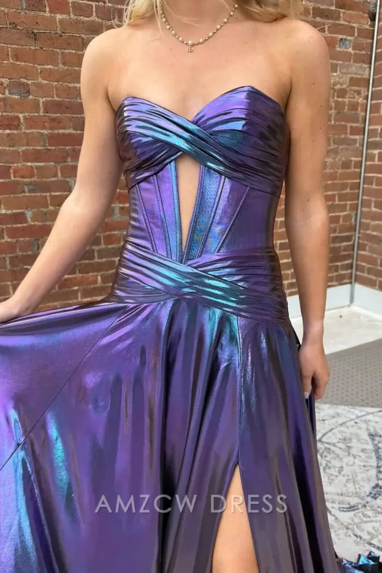 Vestido de fiesta Amzcw sin tirantes, corte imperio, con abertura en la cerradura, plisado y metálico