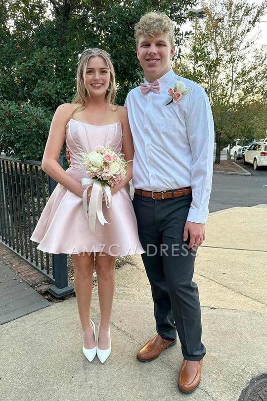 Amzcw Elegant Strapless Pink Satin A-line Short Princess Homecoming Dress formal wear dresses