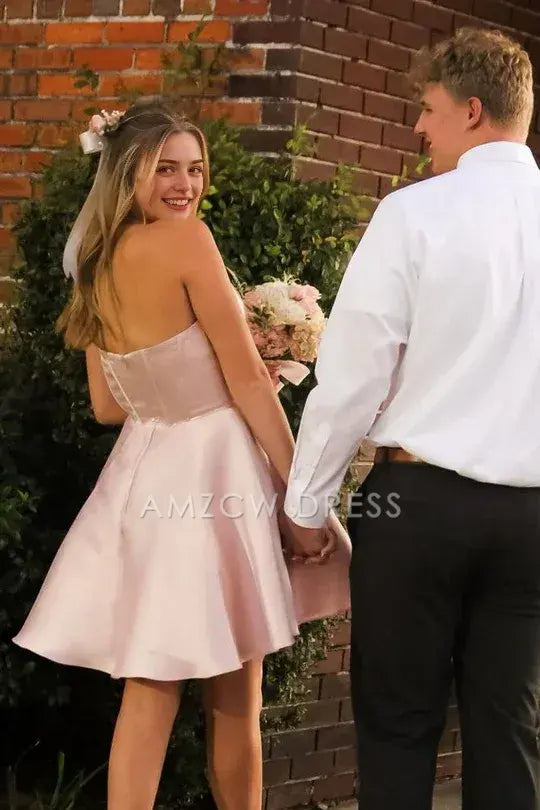 Amzcw Elegant Strapless Pink Satin A-line Short Princess Homecoming Dress formal wear dresses