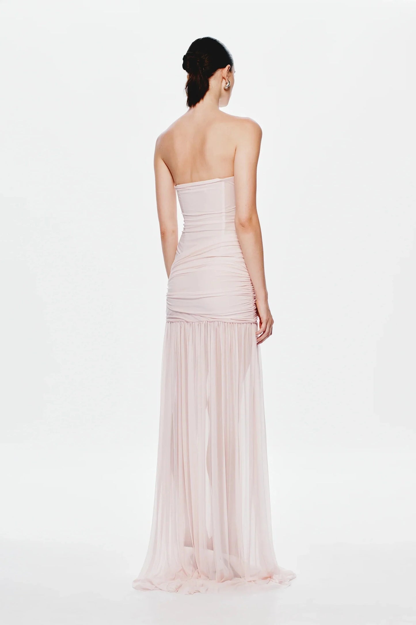 Strapless Ruched Mesh Bodice Flowing Sheer Maxi Skirt Formal Evening Prom Dress