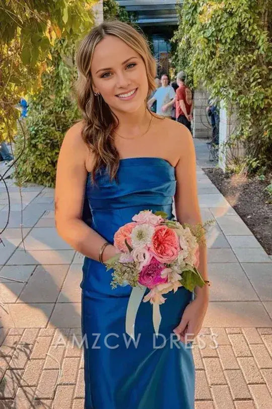 Vestido de fiesta formal de satén con escote redondo, plisado y corte A, sin tirantes y con lazo grande de Amzcw