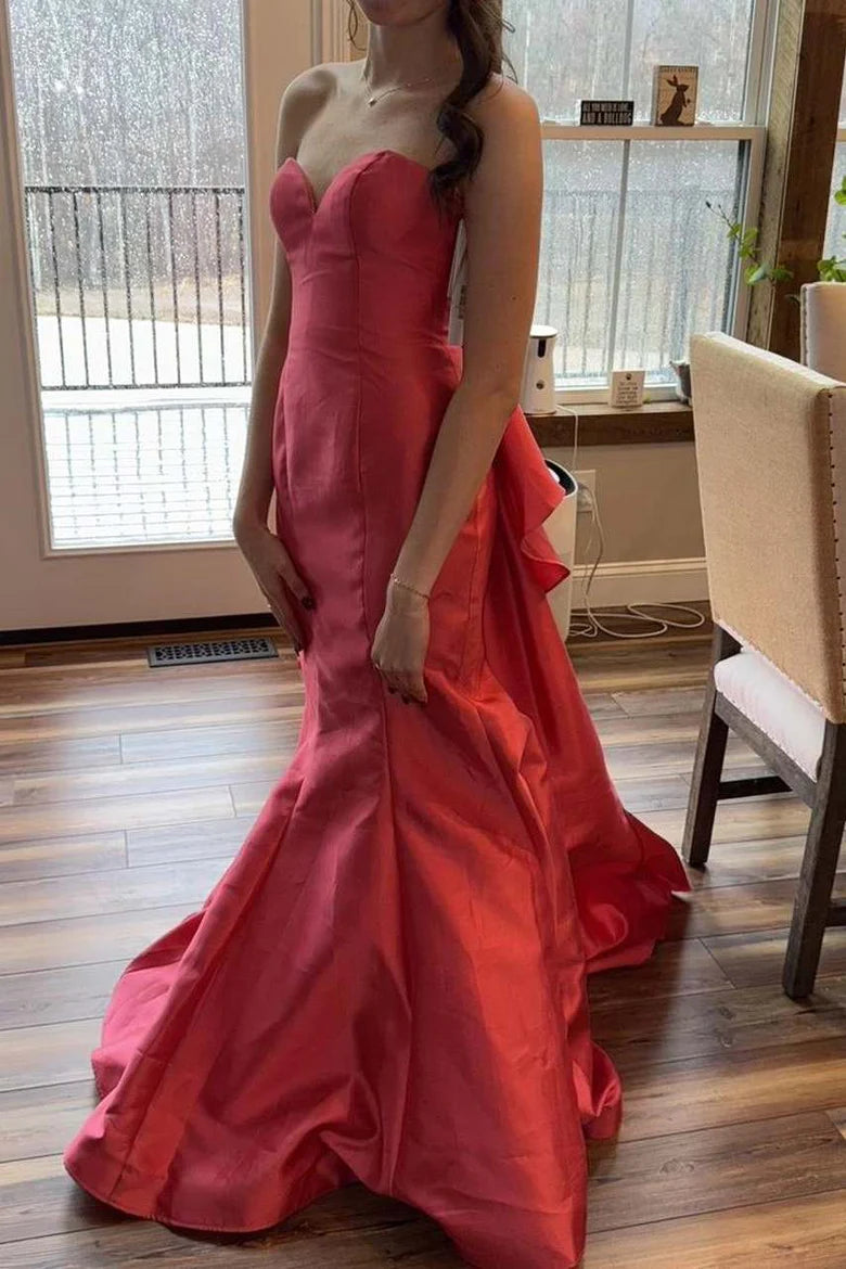 Amzcw Strapless Sweetheart Mermaid Pleats Long Prom Dress with Train formal wear dresses
