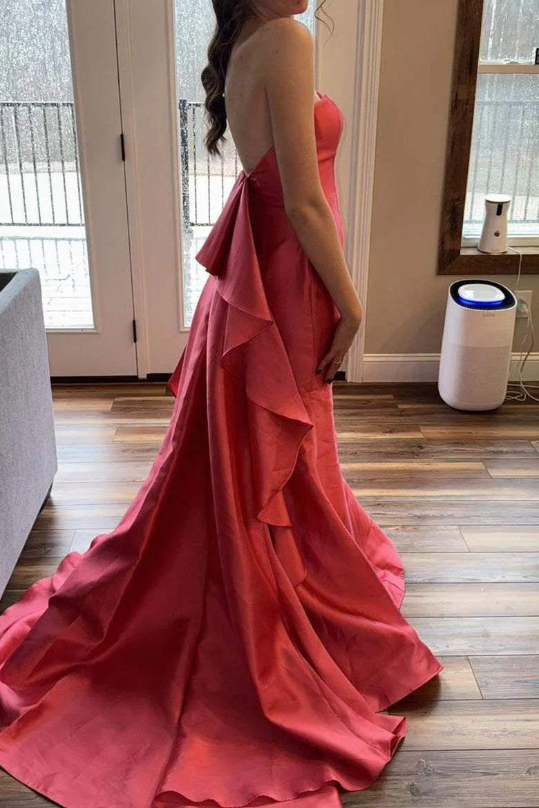 Amzcw Strapless Sweetheart Mermaid Pleats Long Prom Dress with Train formal wear dresses