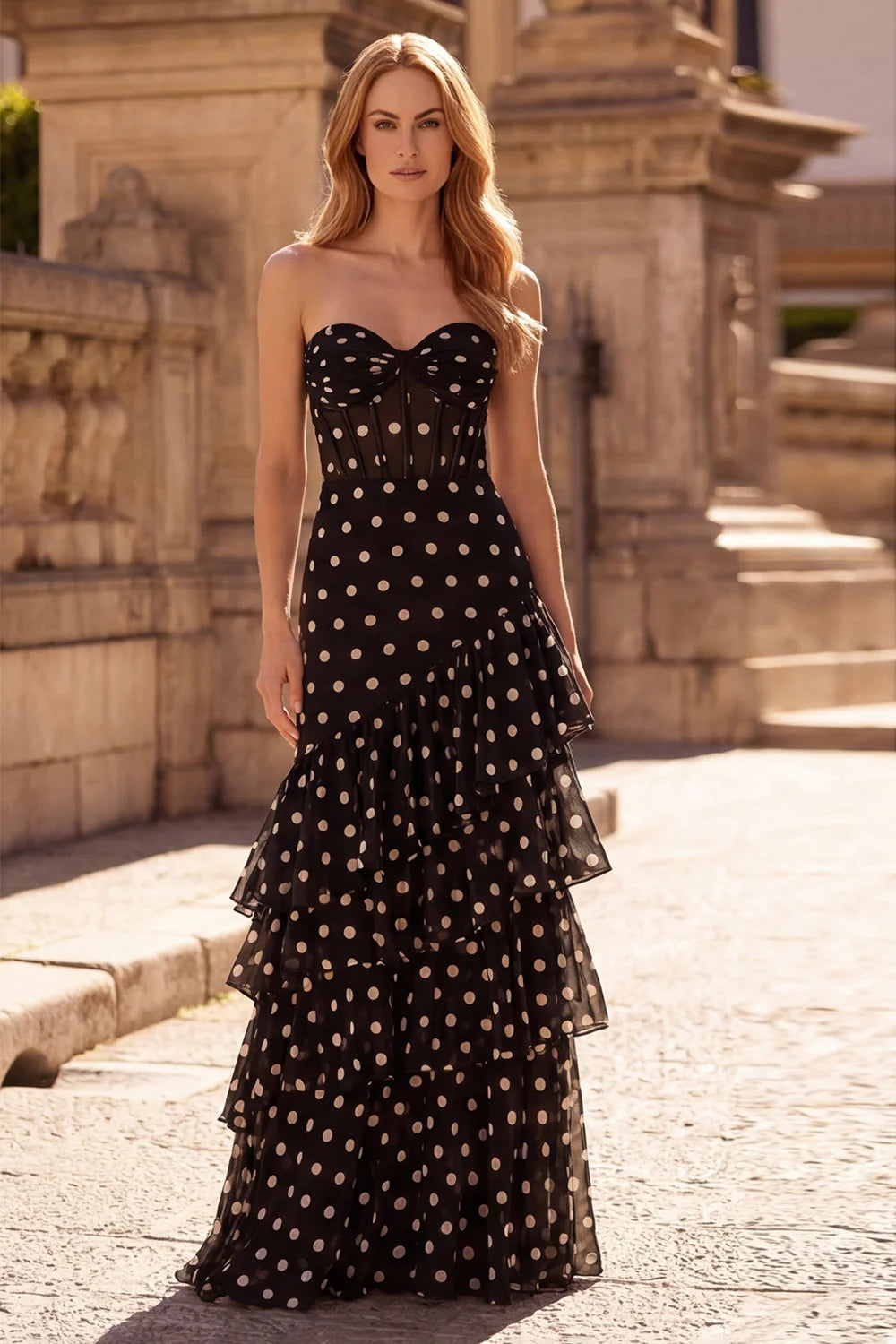 Strapless black polka dot prom dress with sweetheart neckline sheer corset lace-up back and tiered ruffle skirt
