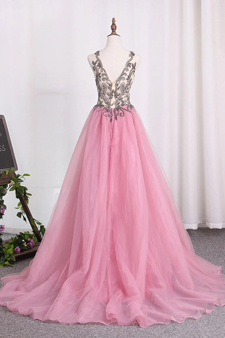 Vestidos de fiesta con tirantes, corte A, tul, cuentas y abertura, recién llegados.