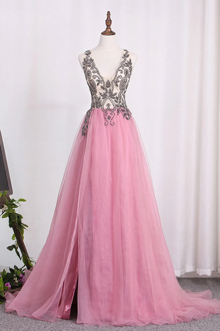 Vestidos de fiesta con tirantes, corte A, tul, cuentas y abertura, recién llegados.