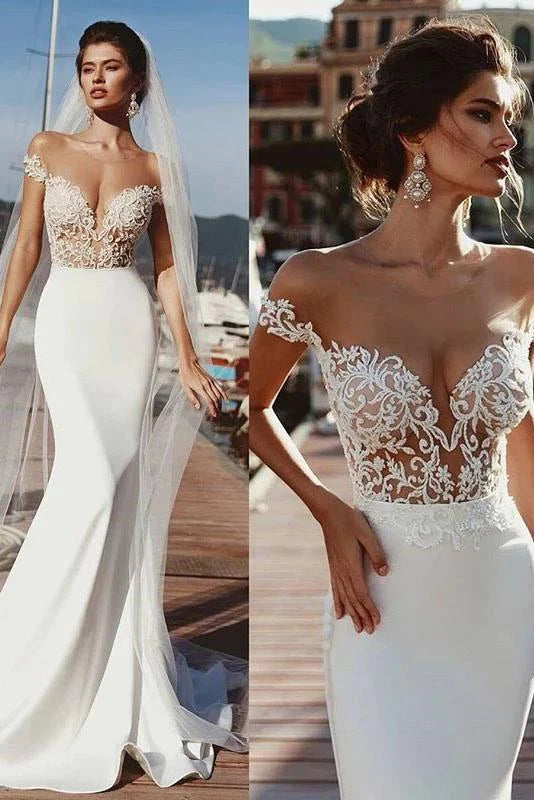 Stunning Mermaid Cap Sleeve Sheer Neck Long Wedding Dresses Beach Wedding Gowns
