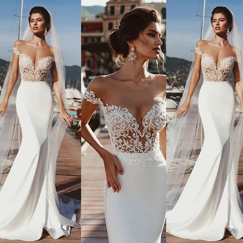 Stunning Mermaid Cap Sleeve Sheer Neck Long Wedding Dresses Beach Wedding Gowns