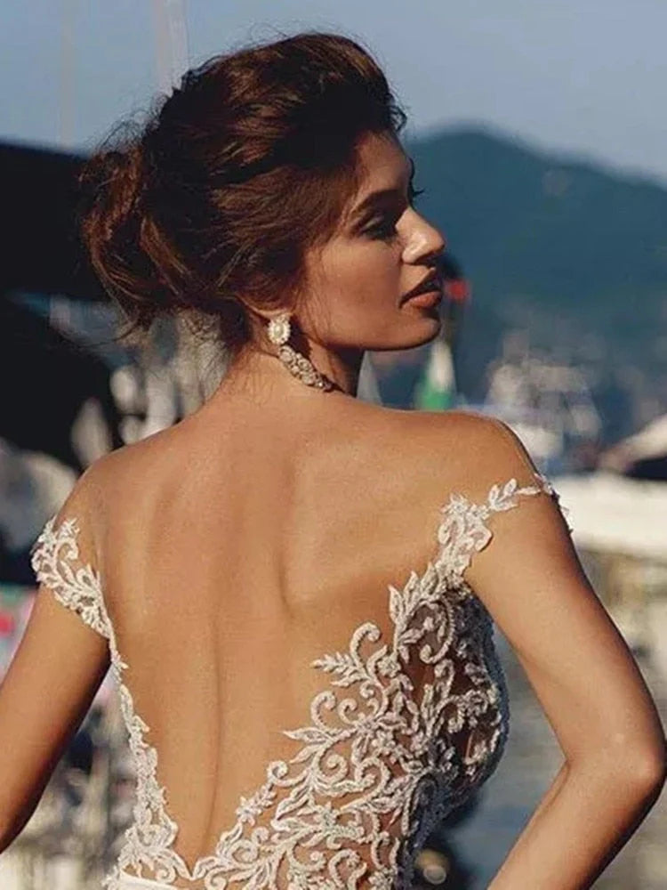 Stunning Mermaid Cap Sleeve Sheer Neck Long Wedding Dresses Beach Wedding Gowns