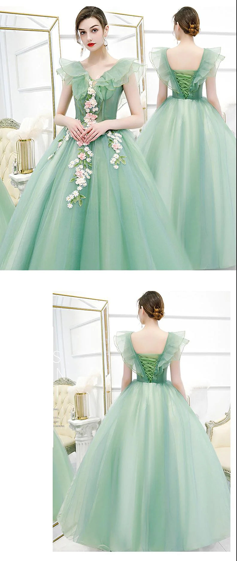 Impresionante vestido de quinceañera con hombros descubiertos y flores 3D de tul.