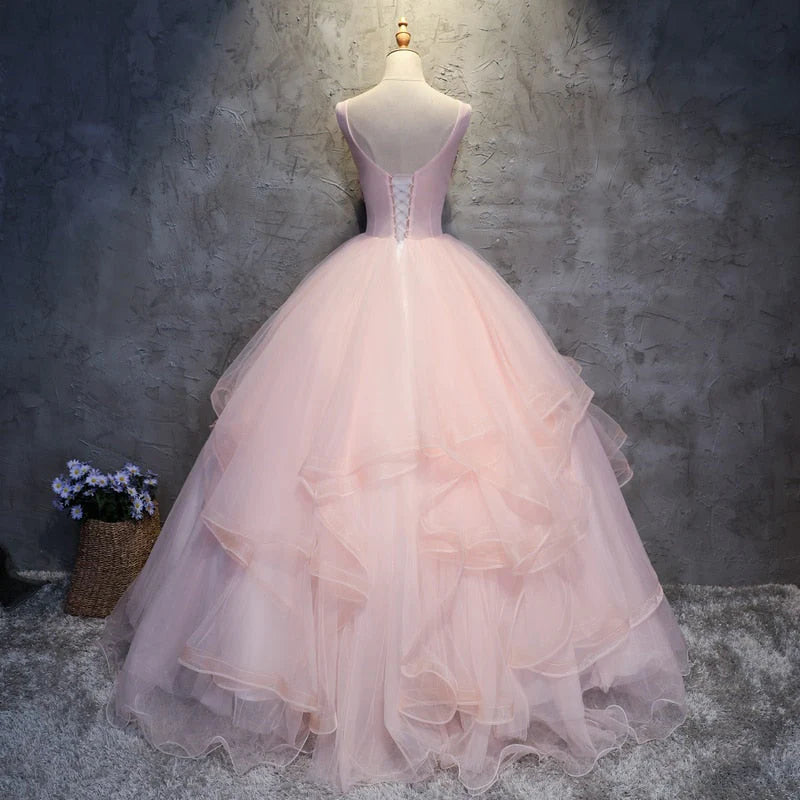 Stunning Scoop Neck Sleeveless Pink Ball Gown Quinceanera Dresses Tulle 3D Flowers