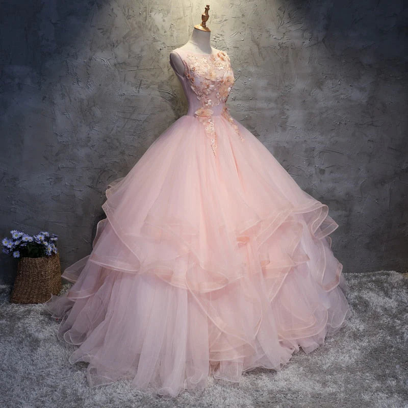 Stunning Scoop Neck Sleeveless Pink Ball Gown Quinceanera Dresses Tulle 3D Flowers