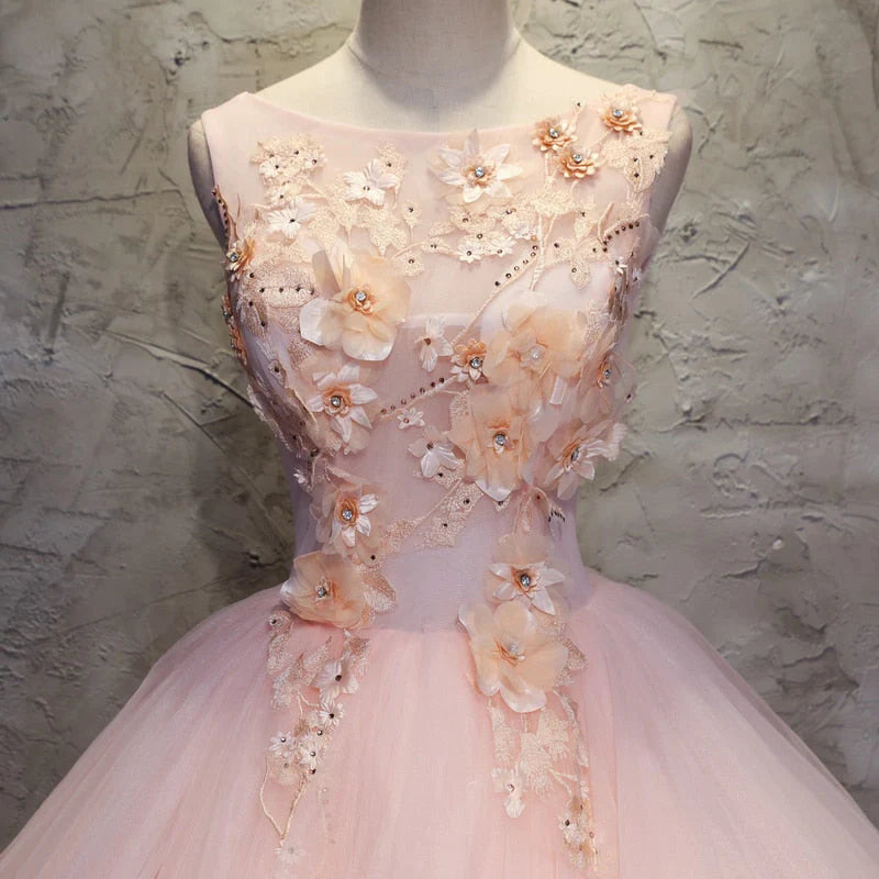 Stunning Scoop Neck Sleeveless Pink Ball Gown Quinceanera Dresses Tulle 3D Flowers