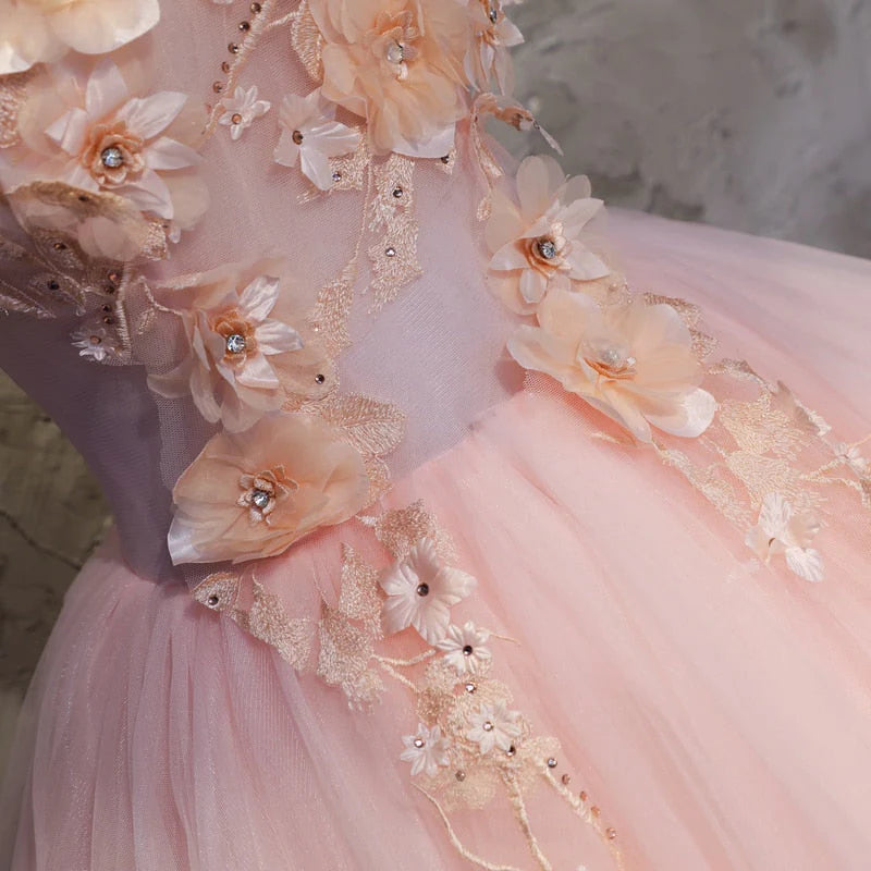 Stunning Scoop Neck Sleeveless Pink Ball Gown Quinceanera Dresses Tulle 3D Flowers