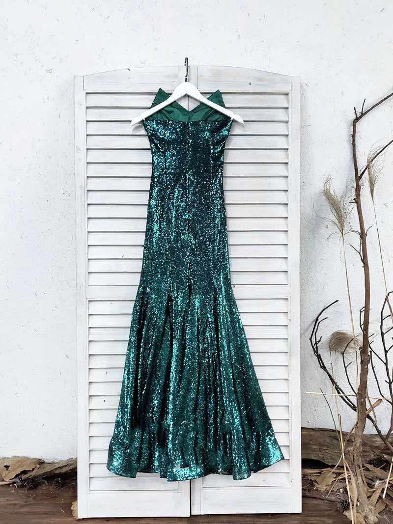 Vestidos de fiesta largos de sirena con escote corazón, verdes, sin tirantes y sin mangas.