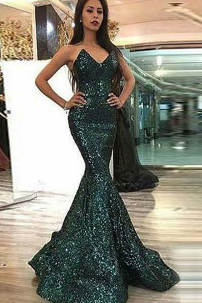 Vestidos de fiesta largos de sirena con escote corazón, verdes, sin tirantes y sin mangas.