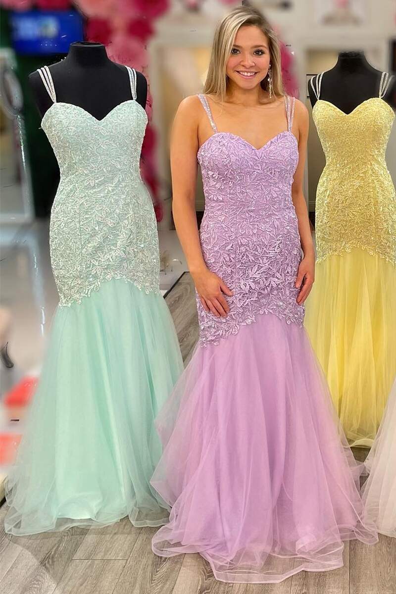 Vestidos de fiesta de sirena con tirantes finos, encaje y tul, con apliques y cola larga