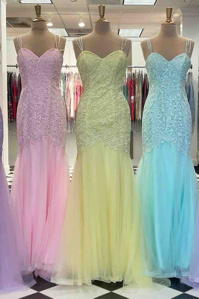 Vestidos de fiesta de sirena con tirantes finos, encaje y tul, con apliques y cola larga