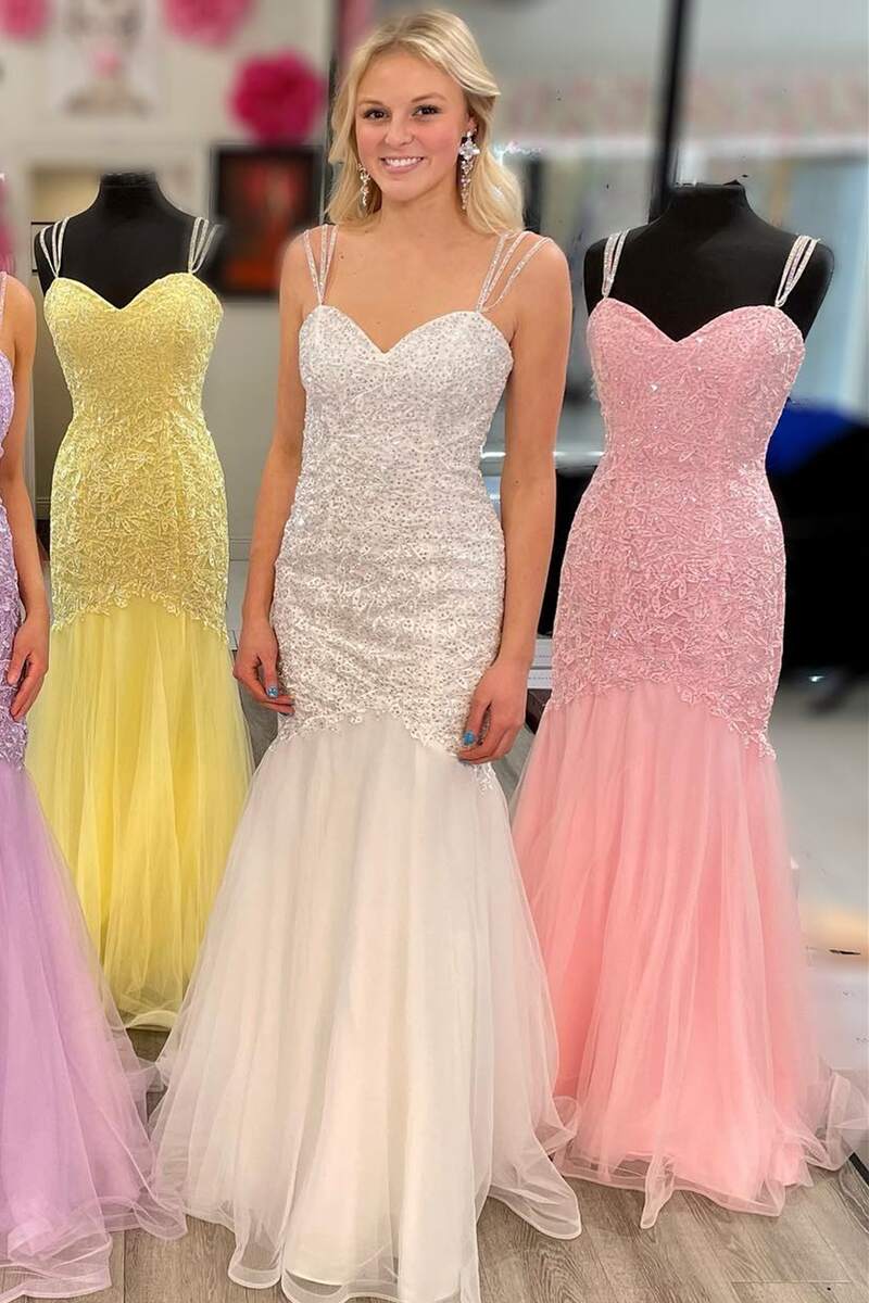 Vestidos de fiesta de sirena con tirantes finos, encaje y tul, con apliques y cola larga