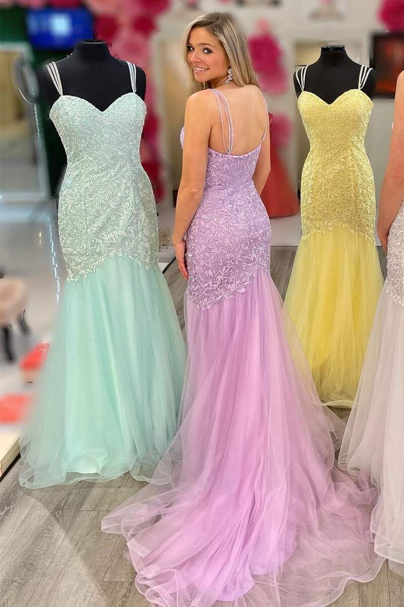 Vestidos de fiesta de sirena con tirantes finos, encaje y tul, con apliques y cola larga