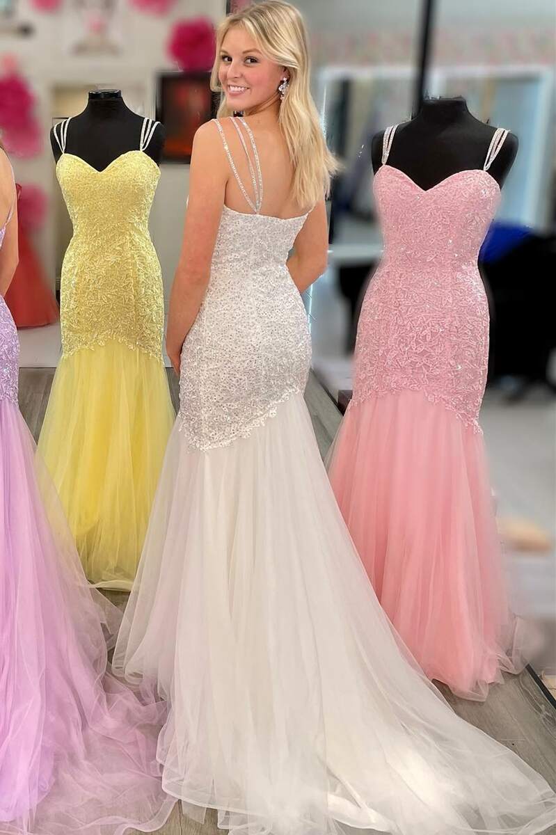 Vestidos de fiesta de sirena con tirantes finos, encaje y tul, con apliques y cola larga